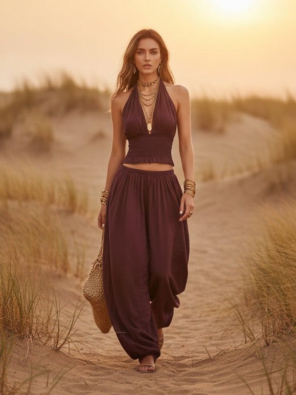 Women's Sleeveless Backless Halter Top & Wide-Leg Pants Set - Courbe et Compagnie