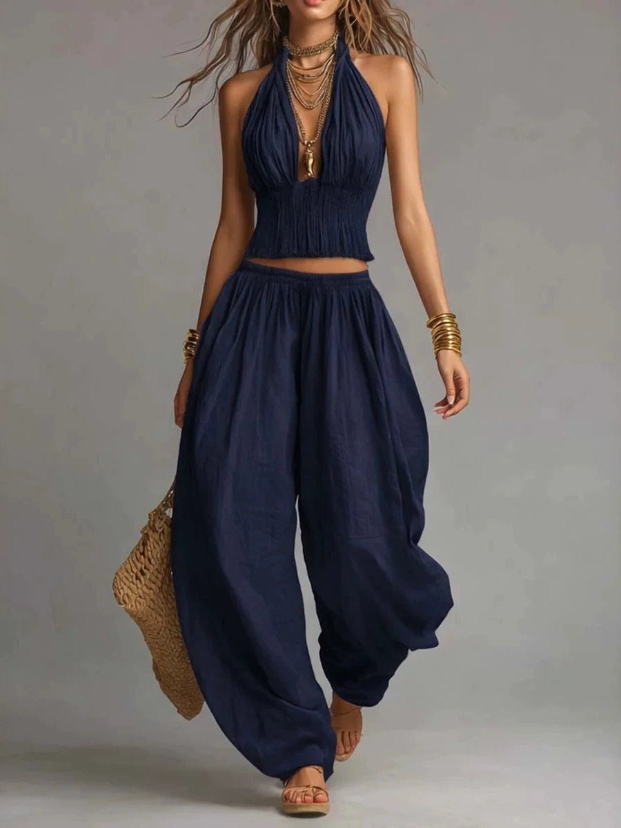Women's Sleeveless Backless Halter Top & Wide-Leg Pants Set - Courbe et Compagnie