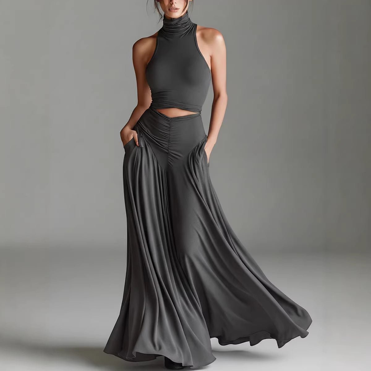 Women's Sleeveless High-Neck Top & Elegant Long A-Line Dress Two-Piece Set - Courbe et Compagnie