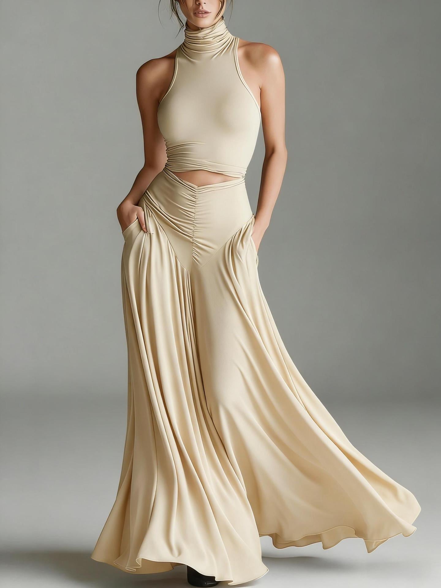 Women's Sleeveless High-Neck Top & Elegant Long A-Line Dress Two-Piece Set - Courbe et Compagnie