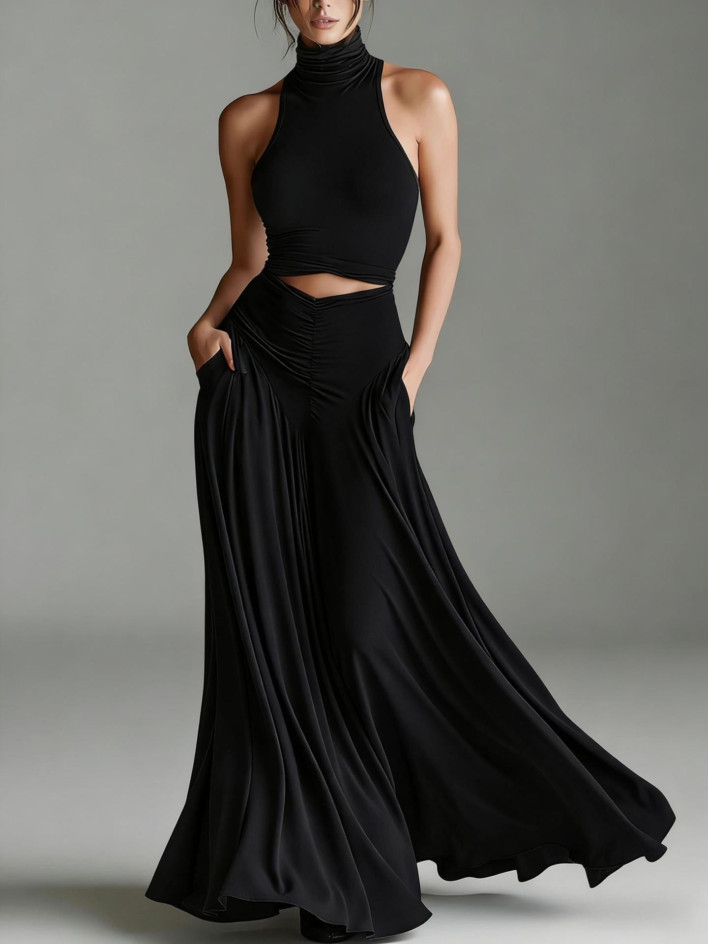 Women's Sleeveless High-Neck Top & Elegant Long A-Line Dress Two-Piece Set - Courbe et Compagnie
