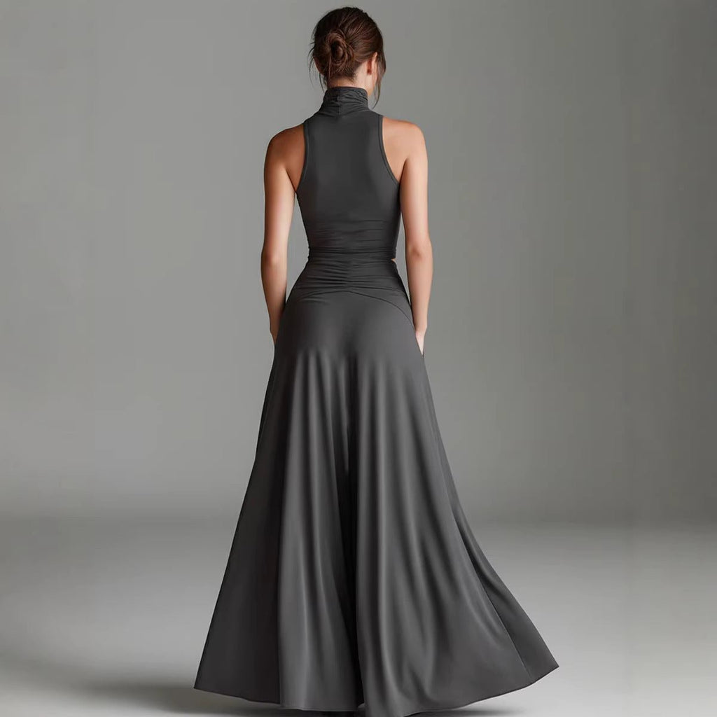Women's Sleeveless High-Neck Top & Elegant Long A-Line Dress Two-Piece Set - Courbe et Compagnie