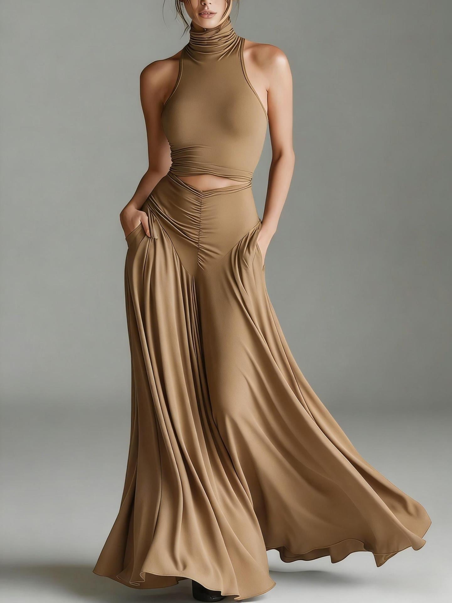 Women's Sleeveless High-Neck Top & Elegant Long A-Line Dress Two-Piece Set - Courbe et Compagnie