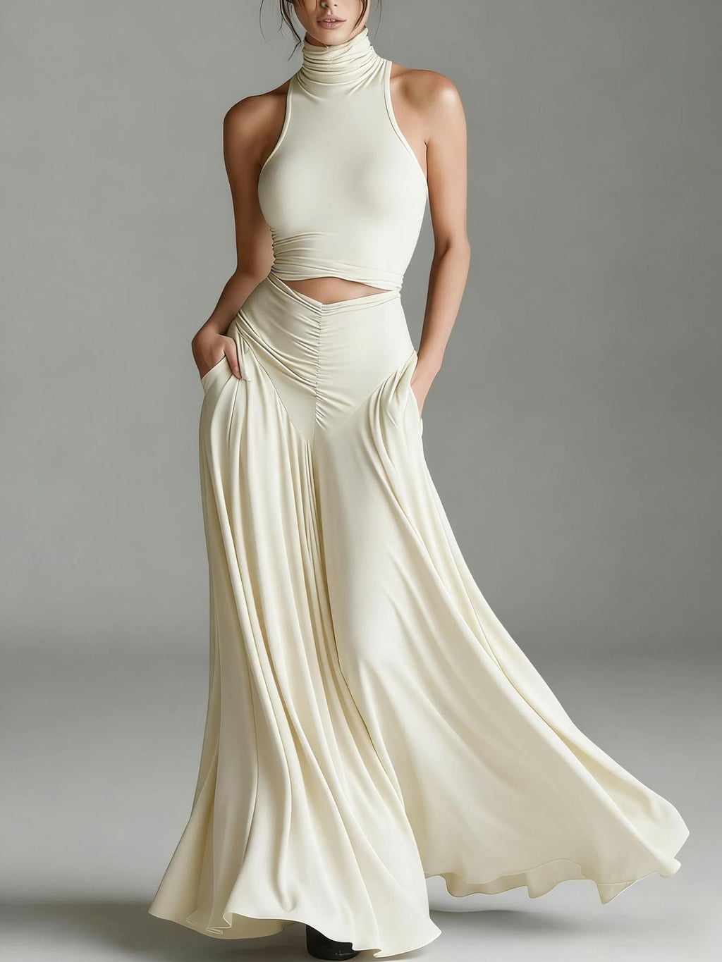 Women's Sleeveless High-Neck Top & Elegant Long A-Line Dress Two-Piece Set - Courbe et Compagnie