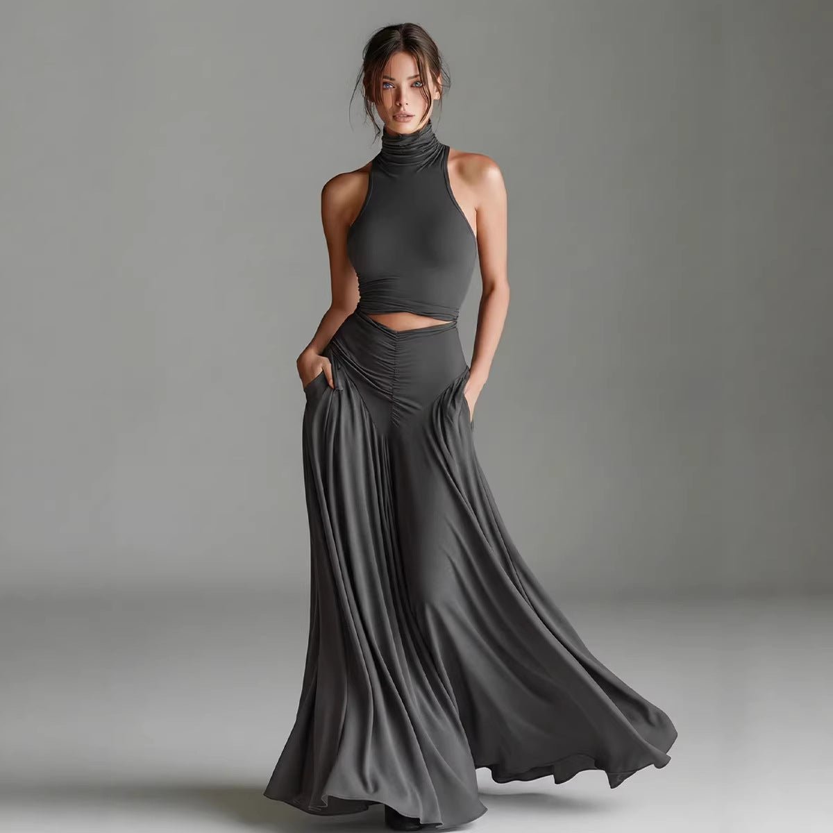 Women's Sleeveless High-Neck Top & Elegant Long A-Line Dress Two-Piece Set - Courbe et Compagnie