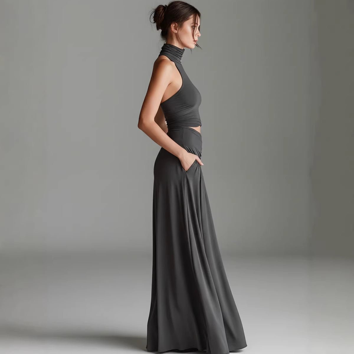 Women's Sleeveless High-Neck Top & Elegant Long A-Line Dress Two-Piece Set - Courbe et Compagnie