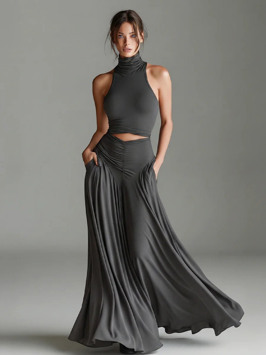 Women's Sleeveless High-Neck Top & Elegant Long A-Line Dress Two-Piece Set - Courbe et Compagnie