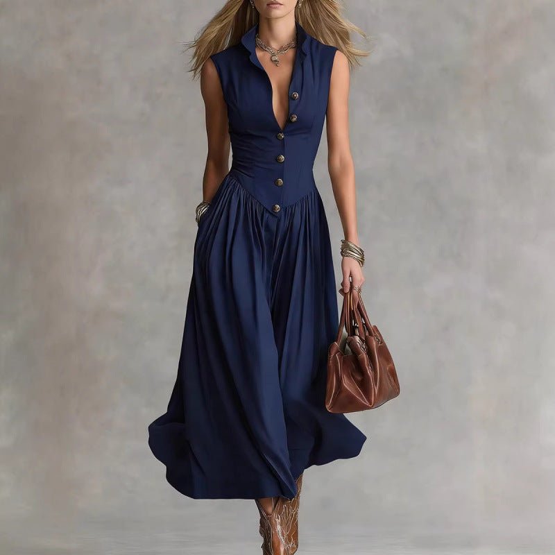 Women's Sleeveless Lapel Collar Maxi Dress – Slim Fit Patchwork - Courbe et Compagnie