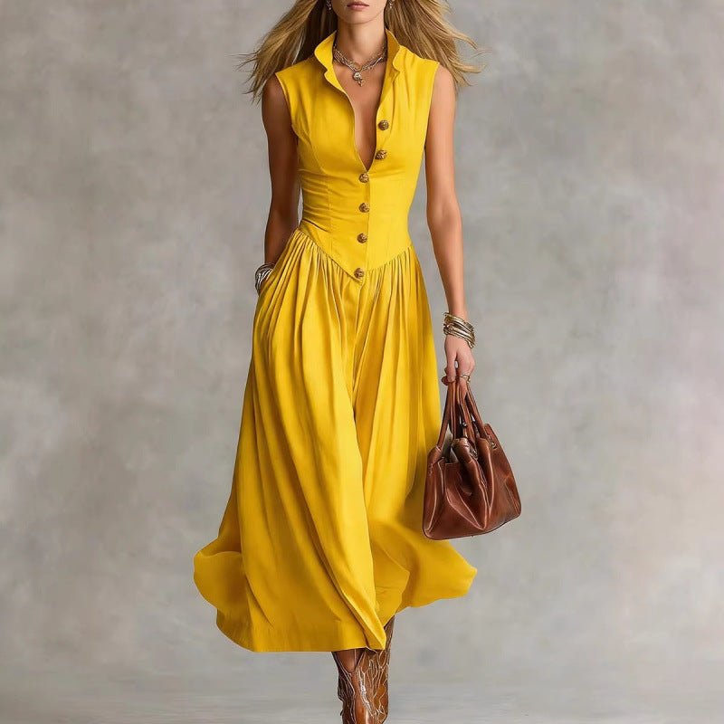 Women's Sleeveless Lapel Collar Maxi Dress – Slim Fit Patchwork - Courbe et Compagnie