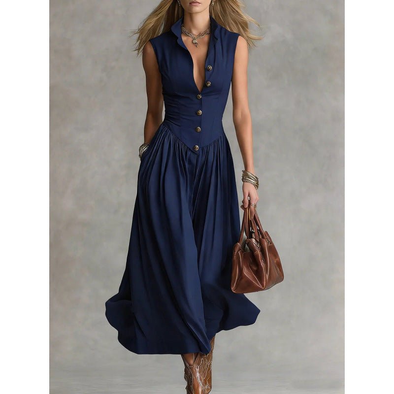 Women's Sleeveless Lapel Collar Maxi Dress – Slim Fit Patchwork - Courbe et Compagnie