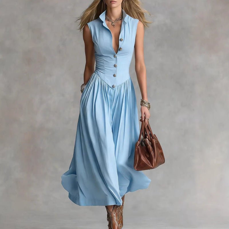 Women's Sleeveless Lapel Collar Maxi Dress – Slim Fit Patchwork - Courbe et Compagnie