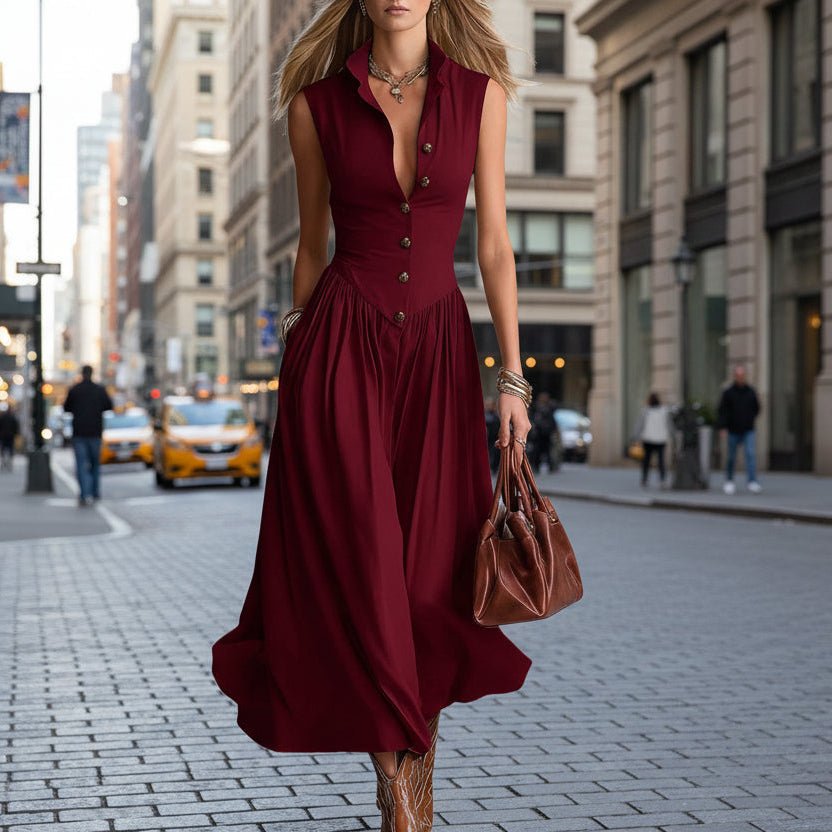 Women's Sleeveless Lapel Collar Maxi Dress – Slim Fit Patchwork - Courbe et Compagnie