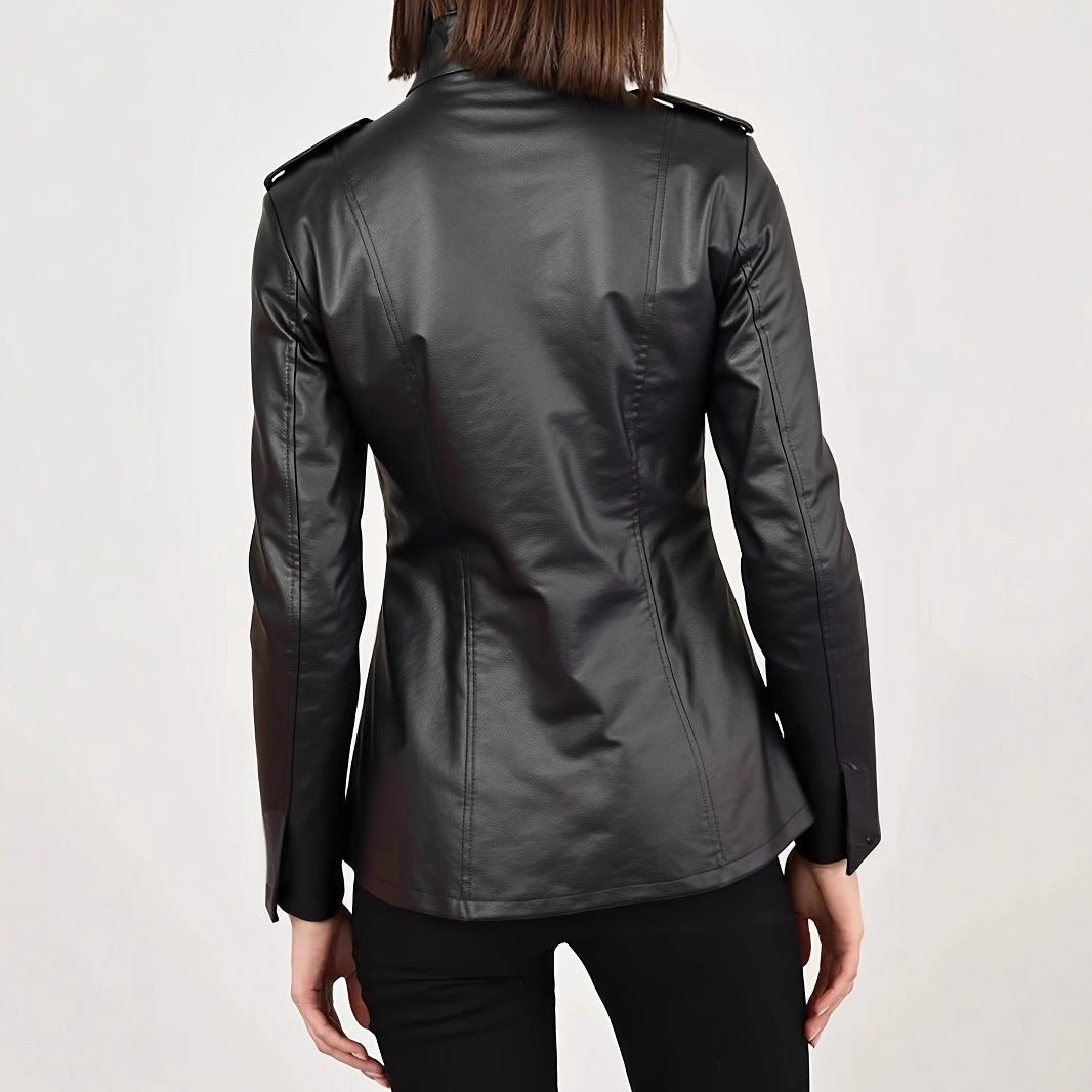 Women's Stand Collar Long Sleeve Distressed Fashion Leather Jacket Coat - Courbe et Compagnie
