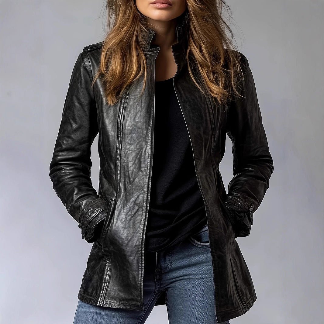 Women's Stand Collar Long Sleeve Distressed Fashion Leather Jacket Coat - Courbe et Compagnie