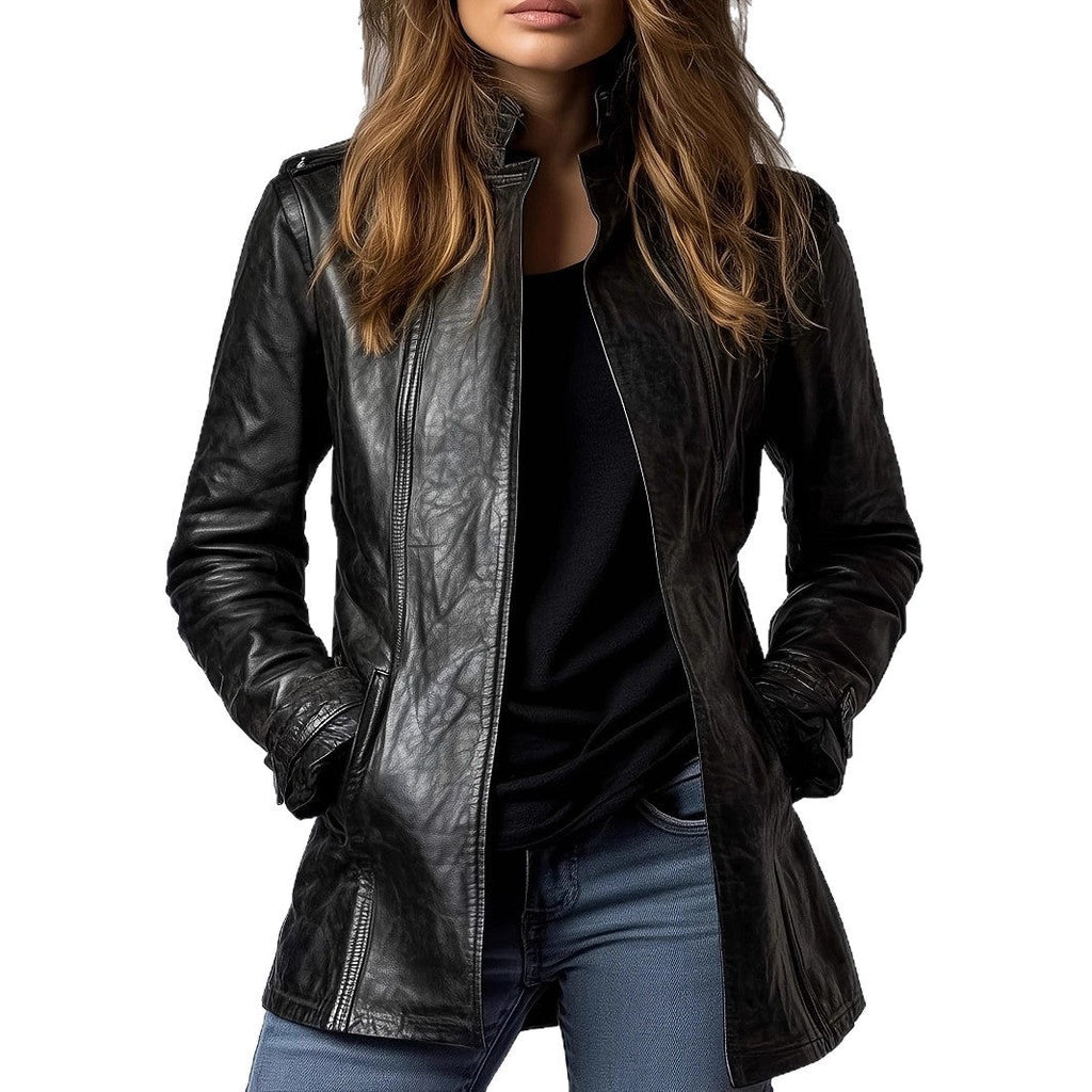 Women's Stand Collar Long Sleeve Distressed Fashion Leather Jacket Coat - Courbe et Compagnie