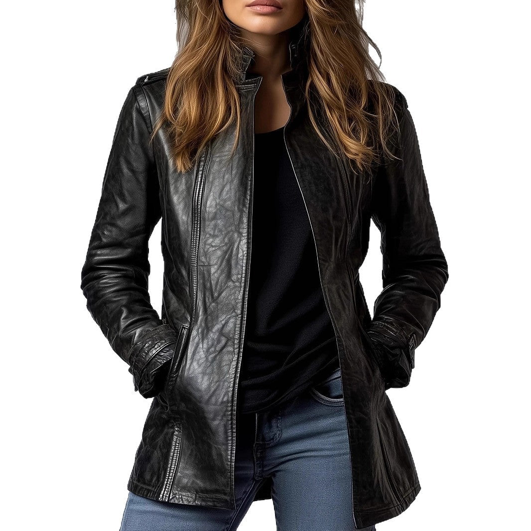 Women's Stand Collar Long Sleeve Distressed Fashion Leather Jacket Coat - Courbe et Compagnie