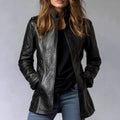 Women's Stand Collar Long Sleeve Distressed Fashion Leather Jacket Coat - Courbe et Compagnie