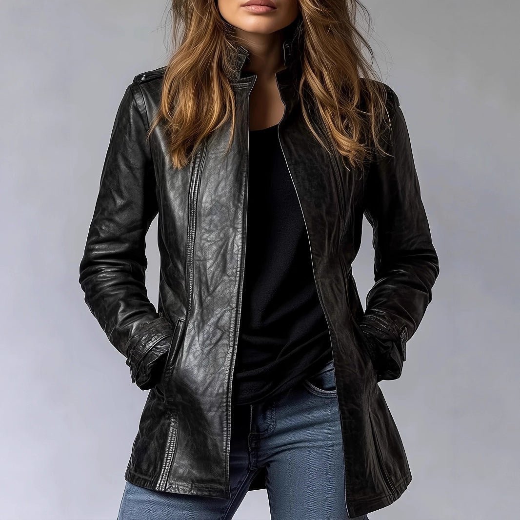 Women's Stand Collar Long Sleeve Distressed Fashion Leather Jacket Coat - Courbe et Compagnie