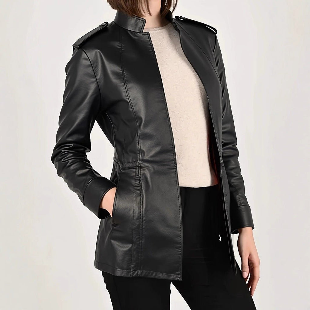 Women's Stand Collar Long Sleeve Distressed Fashion Leather Jacket Coat - Courbe et Compagnie