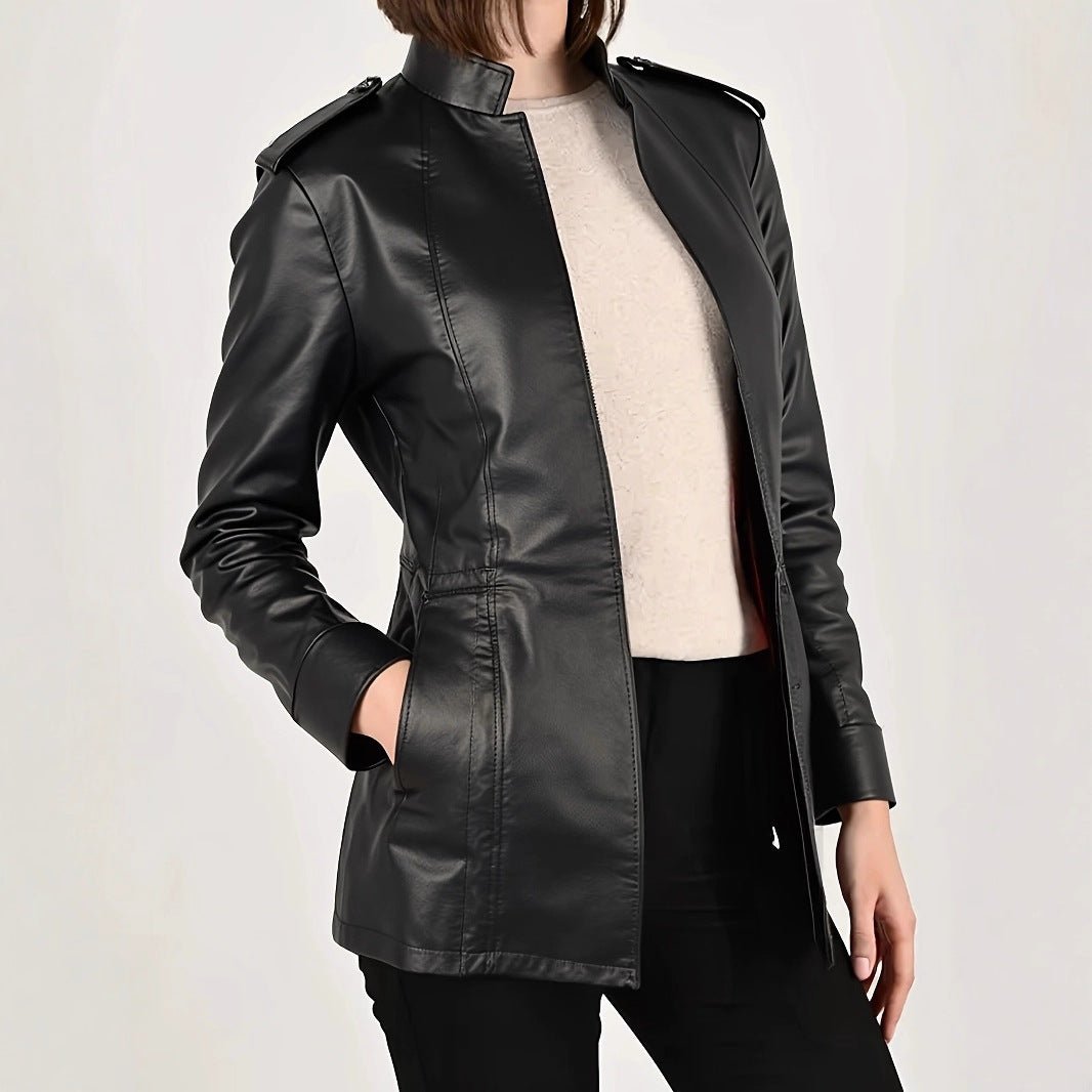 Women's Stand Collar Long Sleeve Distressed Fashion Leather Jacket Coat - Courbe et Compagnie