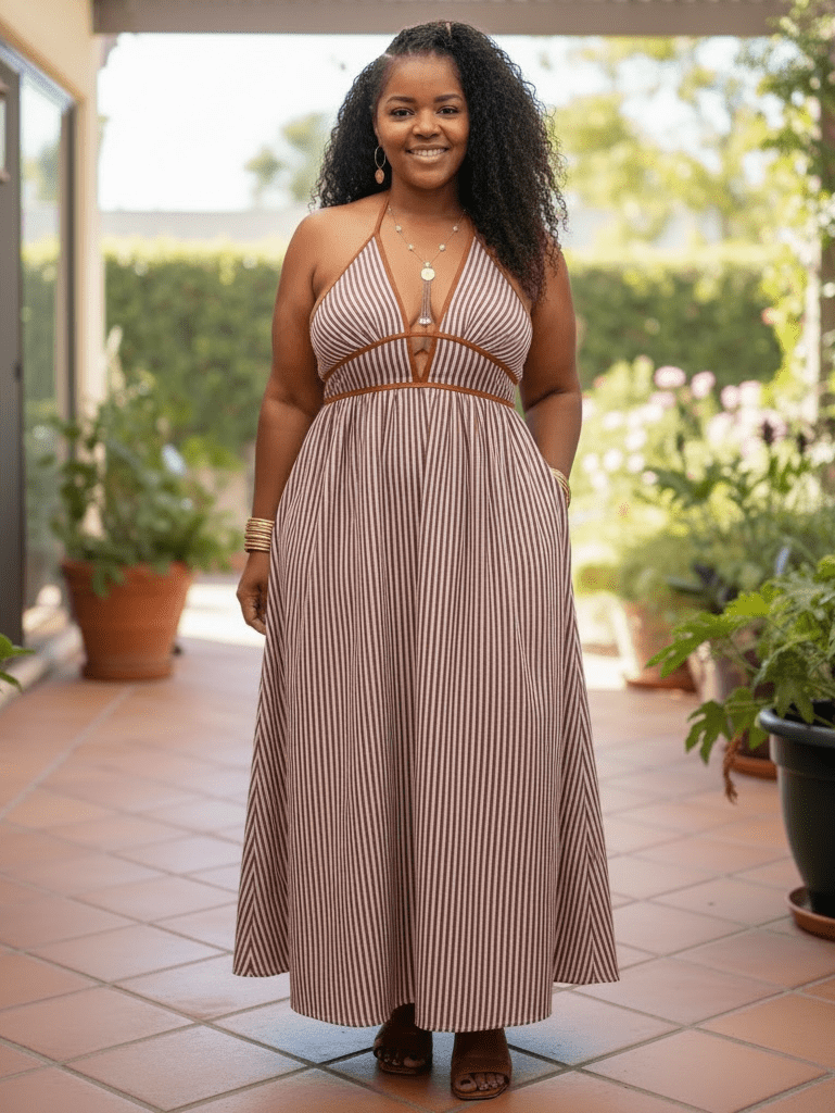 Women’s Striped Halter Neck Maxi Dress - Courbe et Compagnie