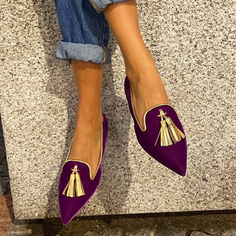 Women's Suede Pointed Toe Tassel Flats – Shallow Mouth Low Heel Casual Shoes - Courbe et Compagnie