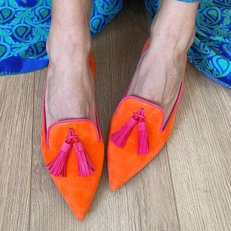 Women's Suede Pointed Toe Tassel Flats – Shallow Mouth Low Heel Casual Shoes - Courbe et Compagnie