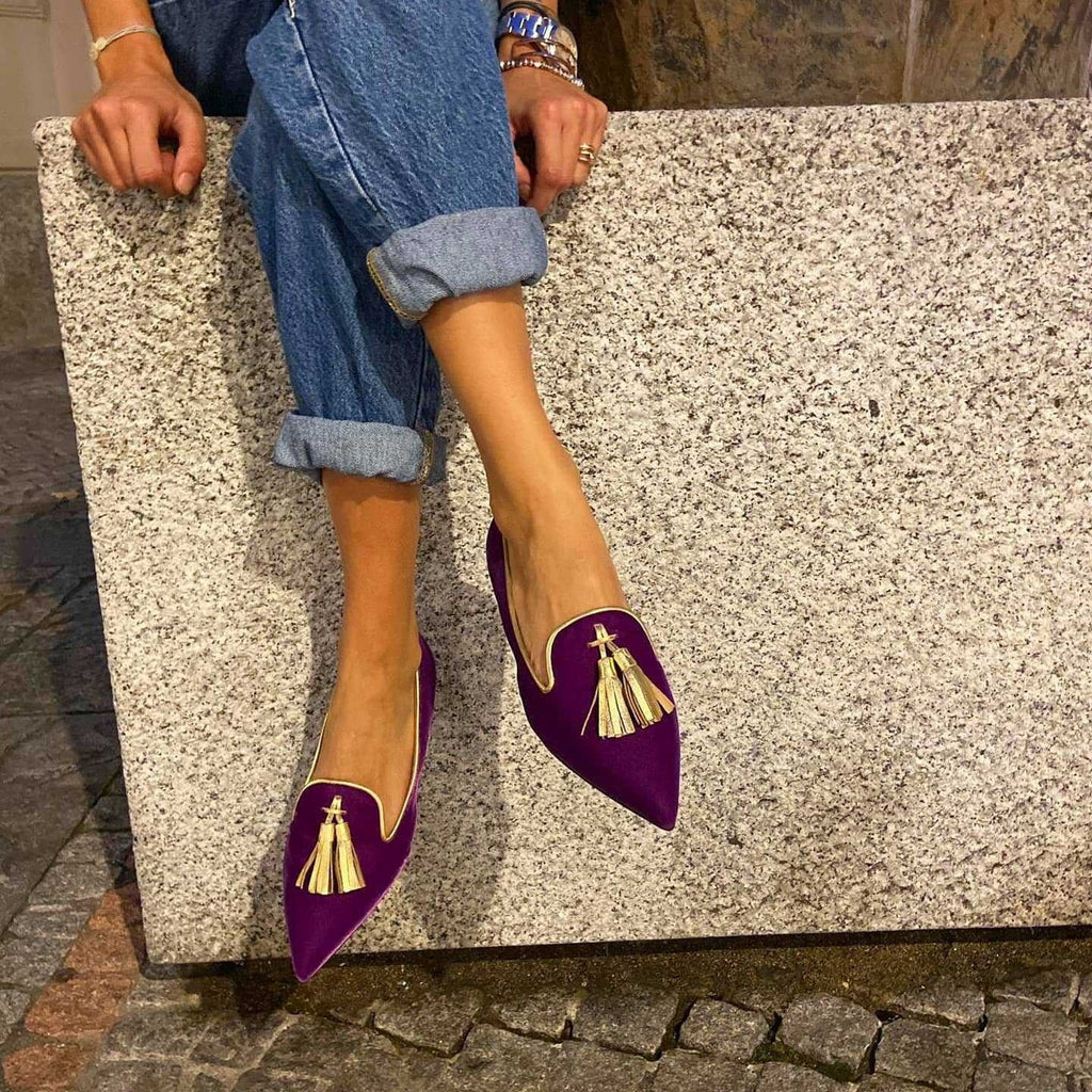 Women's Suede Pointed Toe Tassel Flats – Shallow Mouth Low Heel Casual Shoes - Courbe et Compagnie