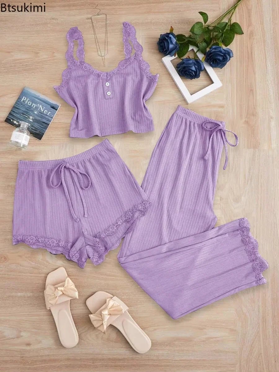 Women's Summer 3 Piece Pajama Set Vest Shorts Pants Lace Trim Sleepwear - Courbe et Compagnie