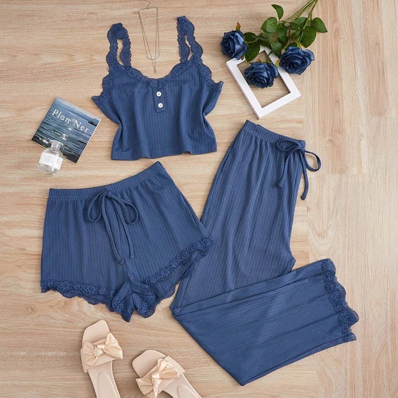 Women's Summer 3 Piece Pajama Set Vest Shorts Pants Lace Trim Sleepwear - Courbe et Compagnie