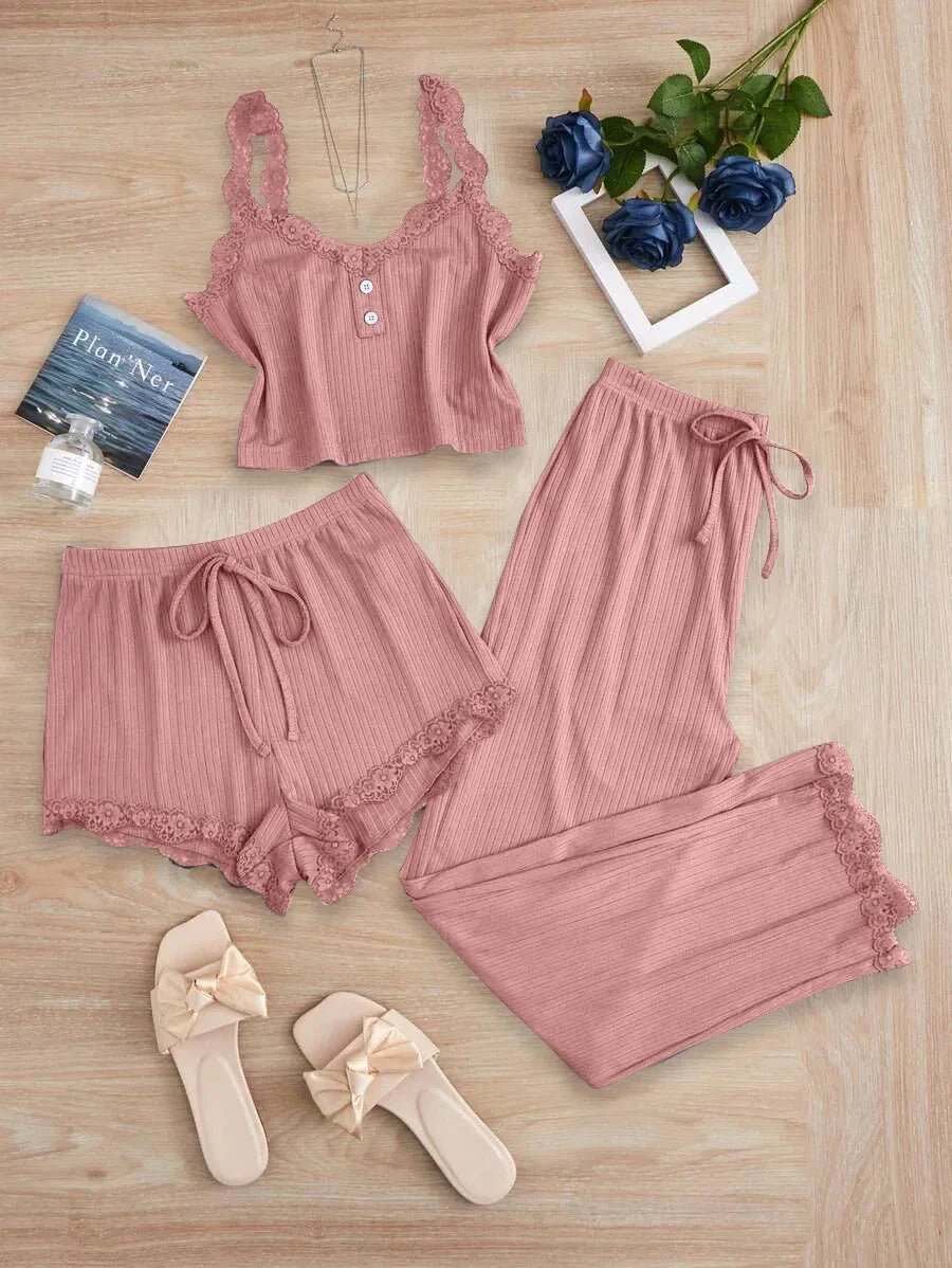 Women's Summer 3 Piece Pajama Set Vest Shorts Pants Lace Trim Sleepwear - Courbe et Compagnie