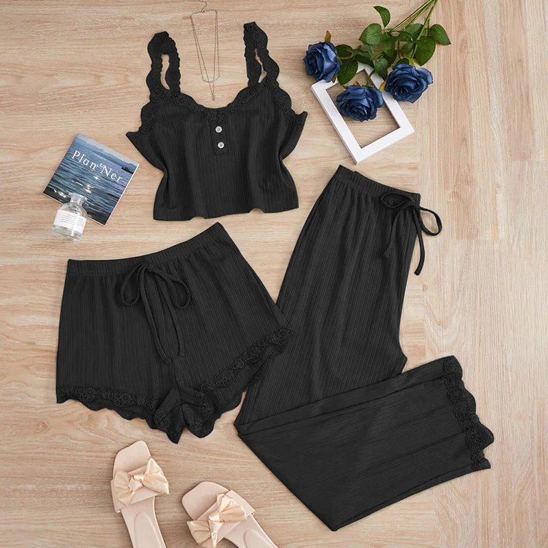 Women's Summer 3 Piece Pajama Set Vest Shorts Pants Lace Trim Sleepwear - Courbe et Compagnie