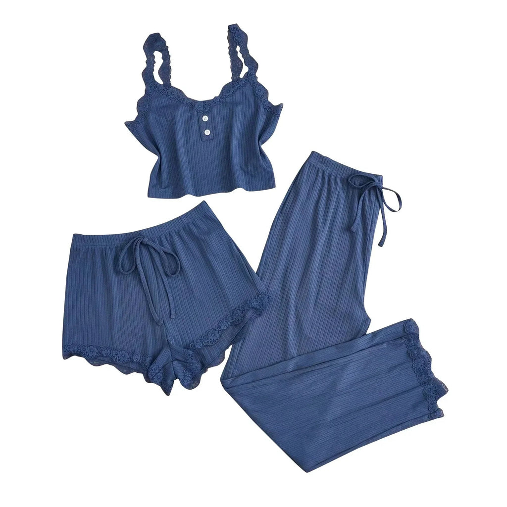Women's Summer 3 Piece Pajama Set Vest Shorts Pants Lace Trim Sleepwear - Courbe et Compagnie