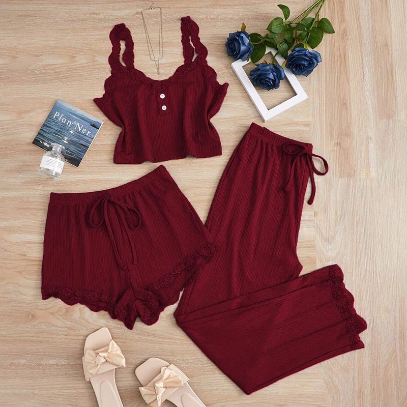 Women's Summer 3 Piece Pajama Set Vest Shorts Pants Lace Trim Sleepwear - Courbe et Compagnie