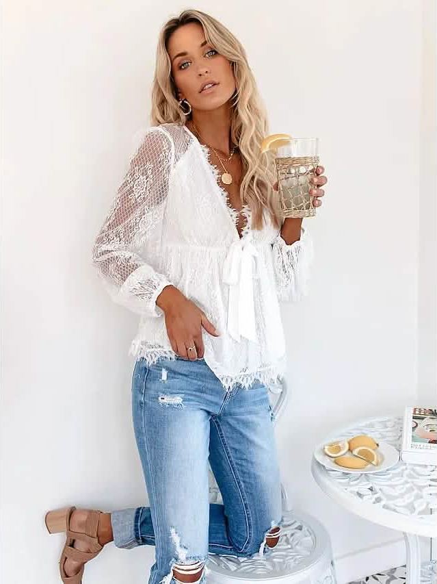 Women's Tunic Blouse Eyelet Top V Neck Tops - Courbe et Compagnie