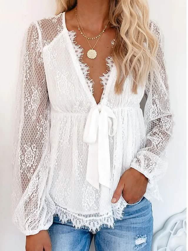 Women's Tunic Blouse Eyelet Top V Neck Tops - Courbe et Compagnie
