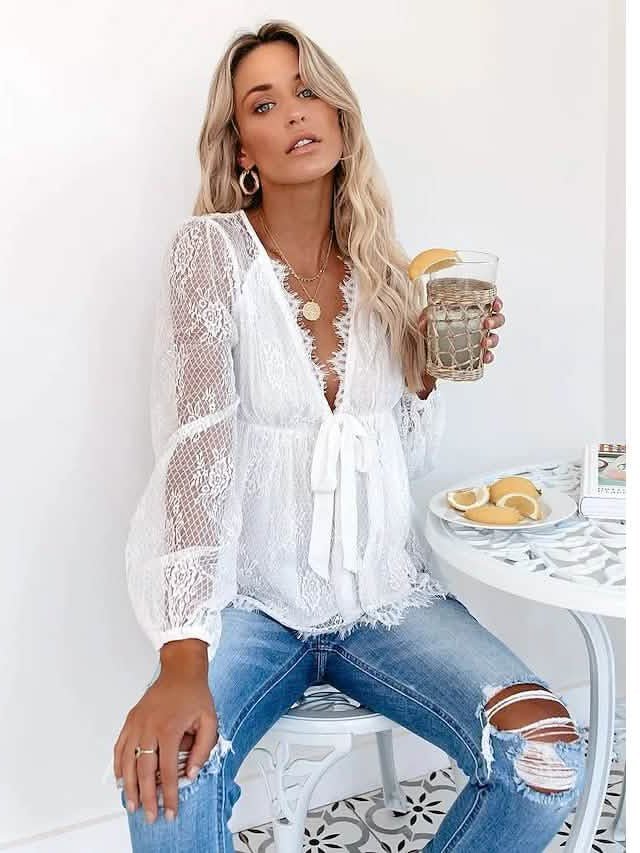 Women's Tunic Blouse Eyelet Top V Neck Tops - Courbe et Compagnie