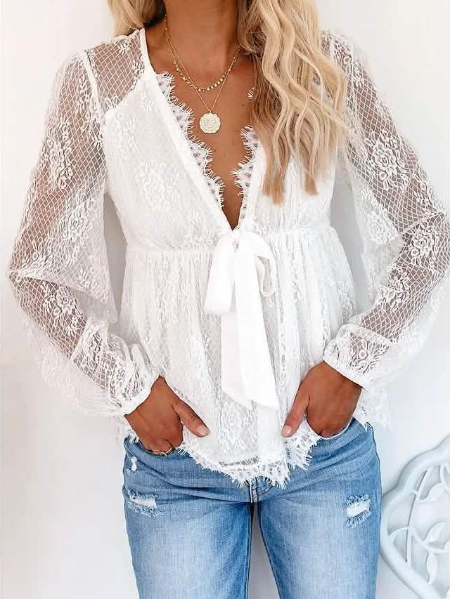 Women's Tunic Blouse Eyelet Top V Neck Tops - Courbe et Compagnie
