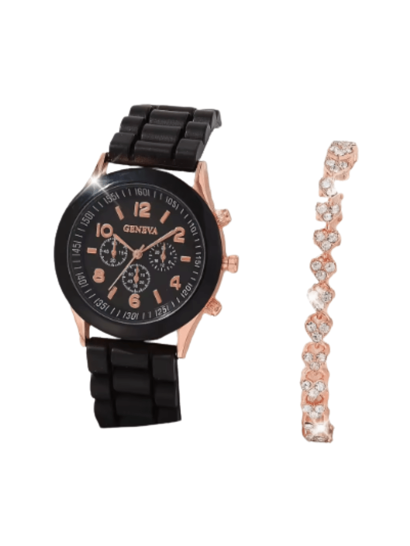 Women's Watch & Jewelry Bracelet Ring Set — Black & Silver - Courbe et Compagnie