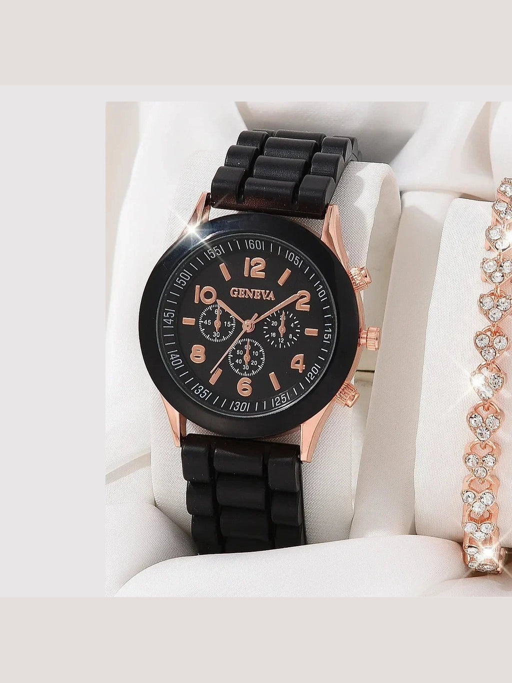 Women's Watch & Jewelry Bracelet Ring Set — Black & Silver - Courbe et Compagnie
