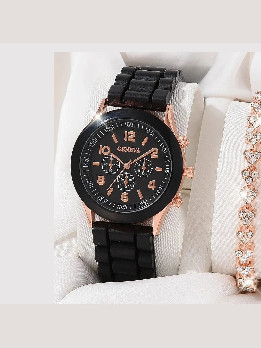 Women's Watch & Jewelry Bracelet Ring Set — Black & Silver - Courbe et Compagnie