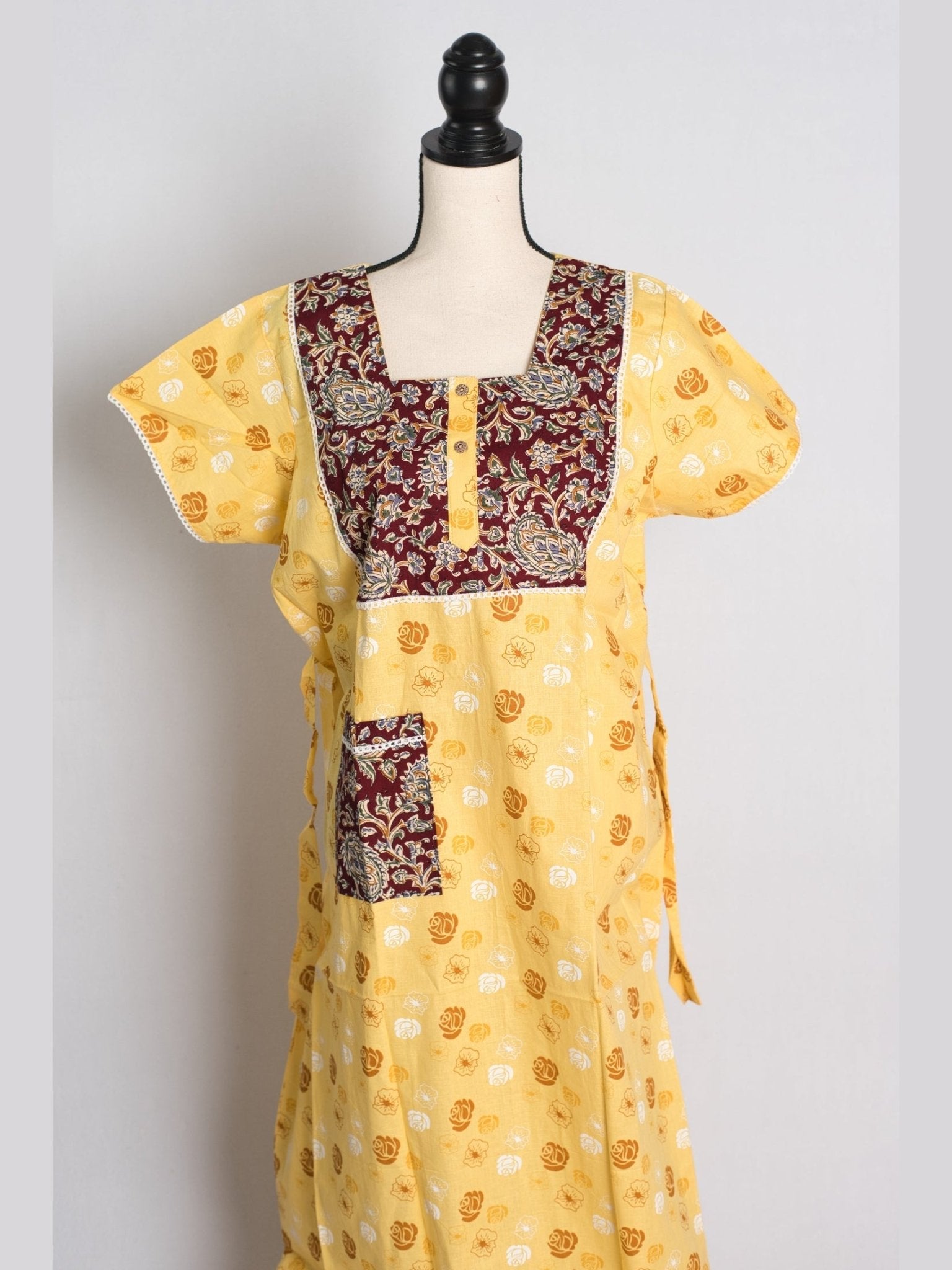 Yellow Pure Cotton Women Indian Nighty - Courbe et Compagnie